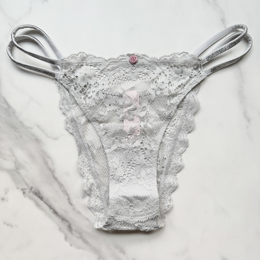 NWT VICTORIA'S SECRET DREAM ANGELS TWINKLE STRAP LACE BRAZILIAN PANTY IN SILVER